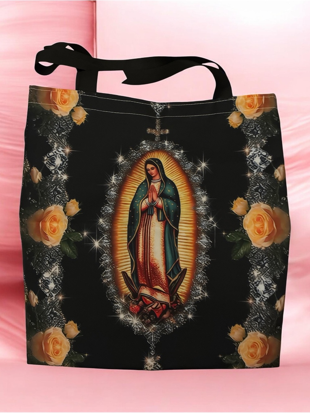 Black Floral Virgin Mary Tote Bag
